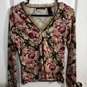 Liz Claiborne Green and Pink Floral lacy Long Sleeve Top Small